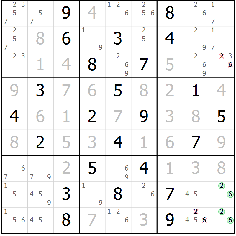 Position des candidats pour la solution de la Gr 69 page 72 du magazine de sudoku Giga sudoku niv 6-8 n° 016