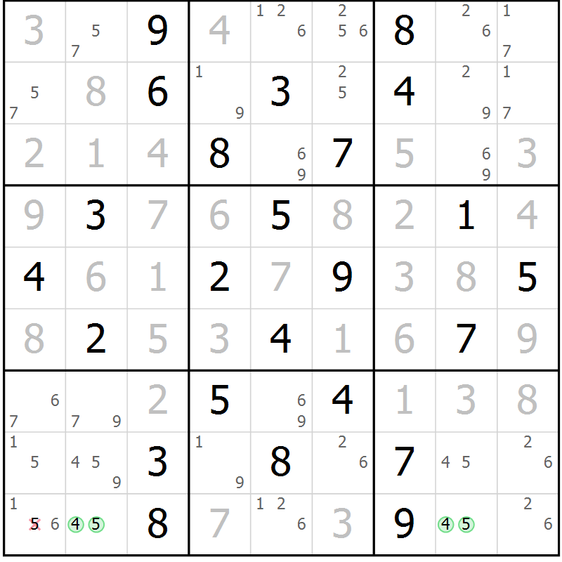 Position des candidats pour la solution de la Gr 69 page 72 du magazine de sudoku Giga sudoku niv 6-8 n° 016