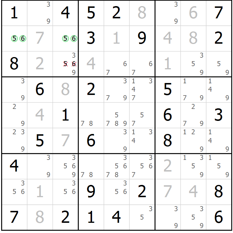 Position des candidats pour la solution de la Gr 7 page 10 du magazine de sudoku Giga sudoku niv 6-8 n° 016