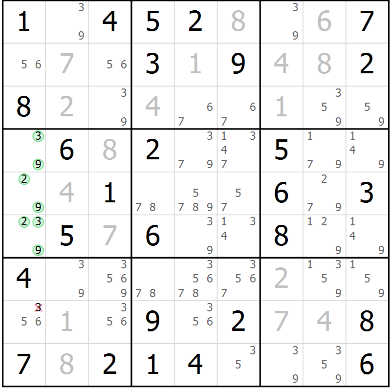Position des candidats pour la solution de la Gr 7 page 10 du magazine de sudoku Giga sudoku niv 6-8 n° 016