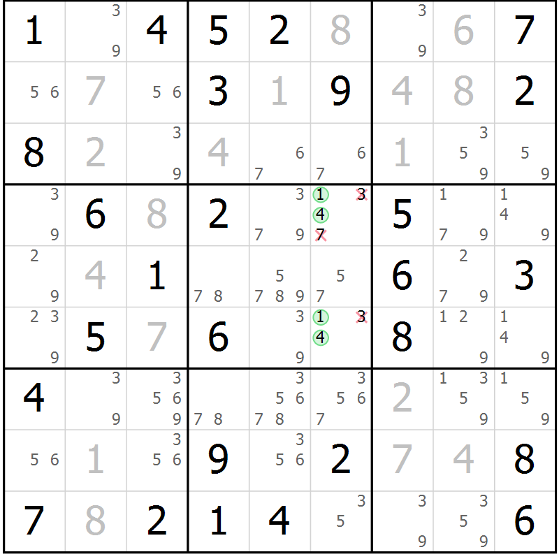 Position des candidats pour la solution de la Gr 7 page 10 du magazine de sudoku Giga sudoku niv 6-8 n° 016