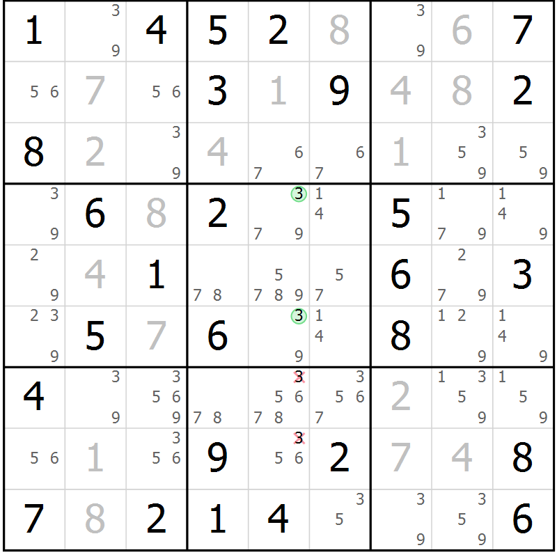 Position des candidats pour la solution de la Gr 7 page 10 du magazine de sudoku Giga sudoku niv 6-8 n° 016