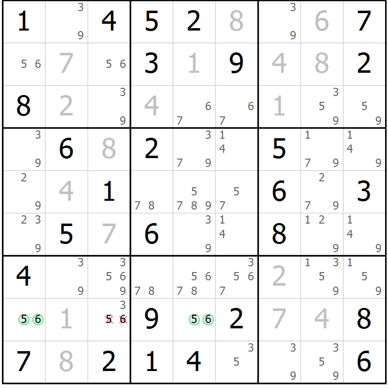 Position des candidats pour la solution de la Gr 7 page 10 du magazine de sudoku Giga sudoku niv 6-8 n° 016