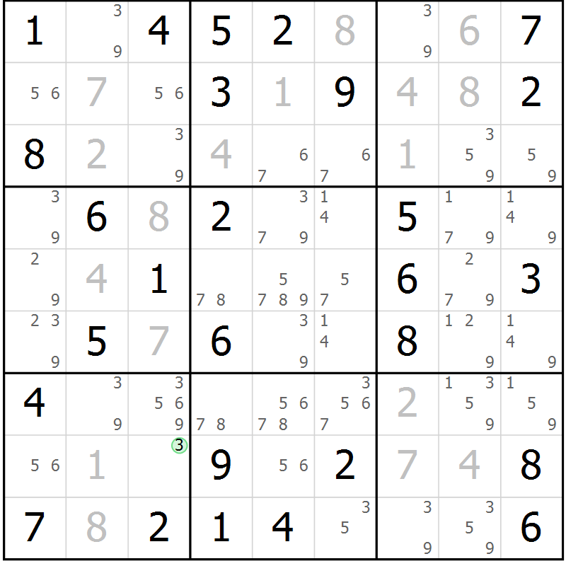 Position des candidats pour la solution de la Gr 7 page 10 du magazine de sudoku Giga sudoku niv 6-8 n° 016