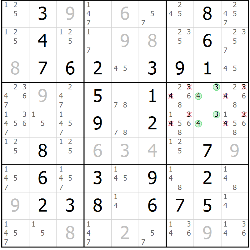 Position des candidats pour la solution de la Gr 70 page 73 du magazine de sudoku Giga sudoku niv 6-8 n° 016
