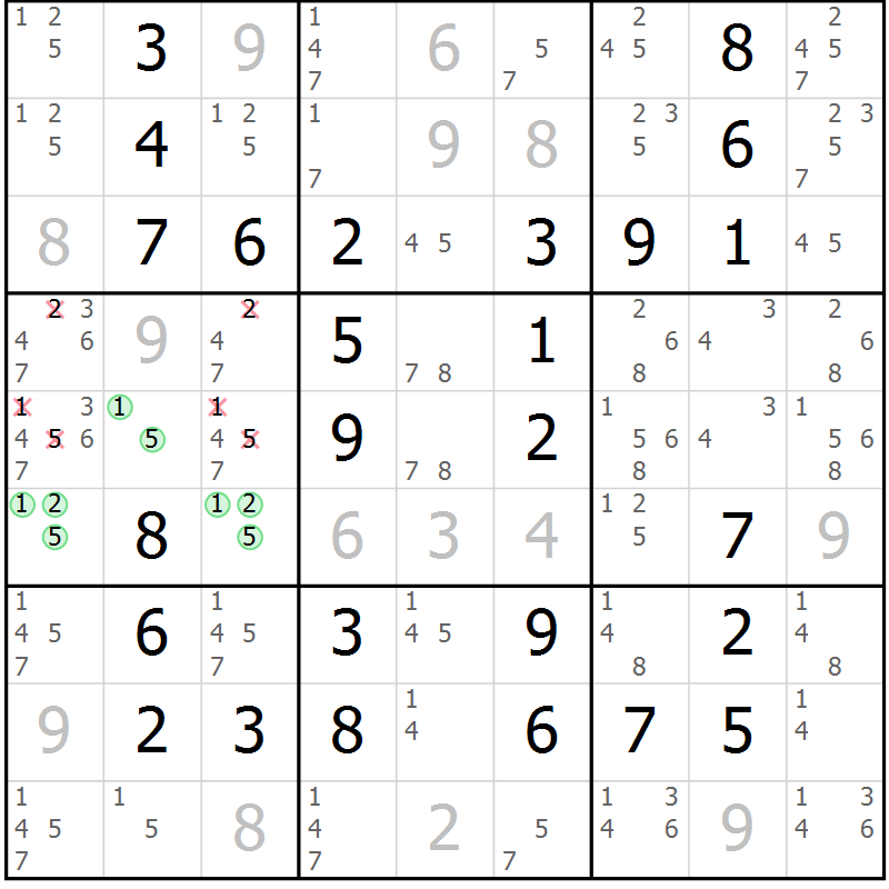 Position des candidats pour la solution de la Gr 70 page 73 du magazine de sudoku Giga sudoku niv 6-8 n° 016