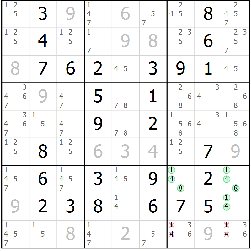 Position des candidats pour la solution de la Gr 70 page 73 du magazine de sudoku Giga sudoku niv 6-8 n° 016