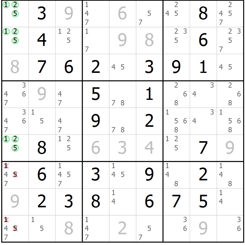 Position des candidats pour la solution de la Gr 70 page 73 du magazine de sudoku Giga sudoku niv 6-8 n° 016