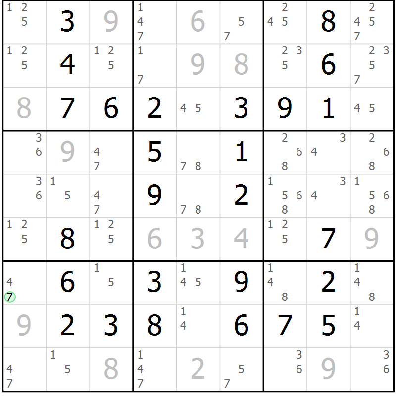Position des candidats pour la solution de la Gr 70 page 73 du magazine de sudoku Giga sudoku niv 6-8 n° 016