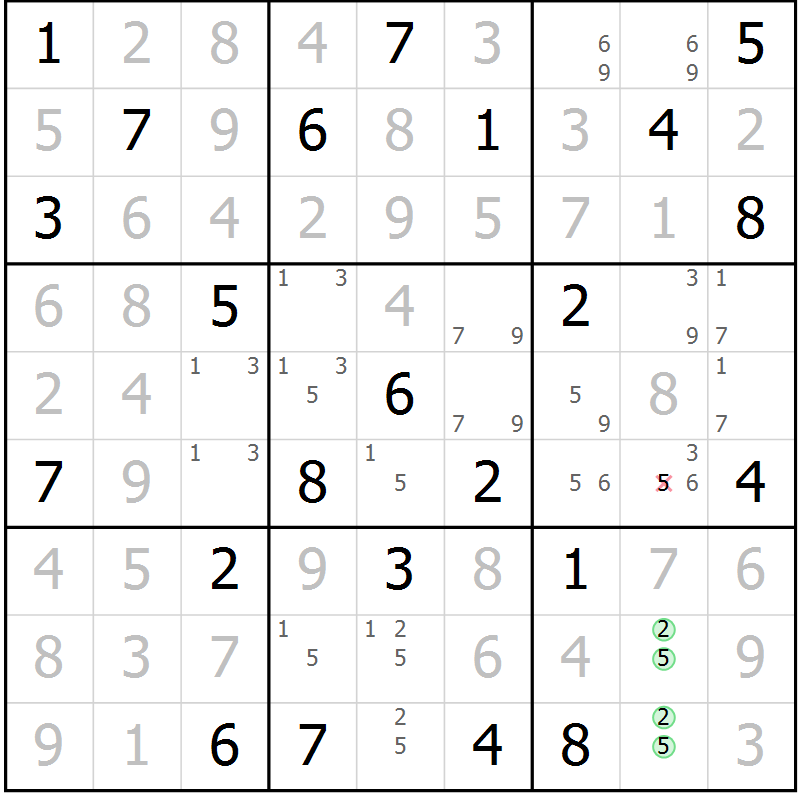 Position des candidats pour la solution de la Gr 71 page 74 du magazine de sudoku Giga sudoku niv 6-8 n° 016