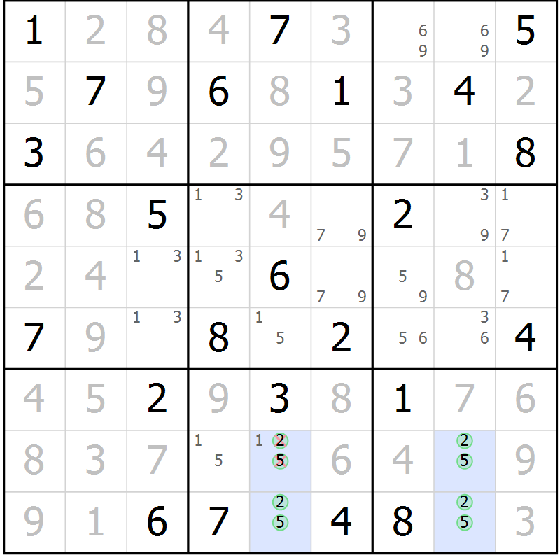 Position des candidats pour la solution de la Gr 71 page 74 du magazine de sudoku Giga sudoku niv 6-8 n° 016