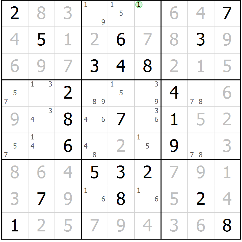 Position des candidats pour la solution de la Gr 73 page 76 du magazine de sudoku Giga sudoku niv 6-8 n° 016