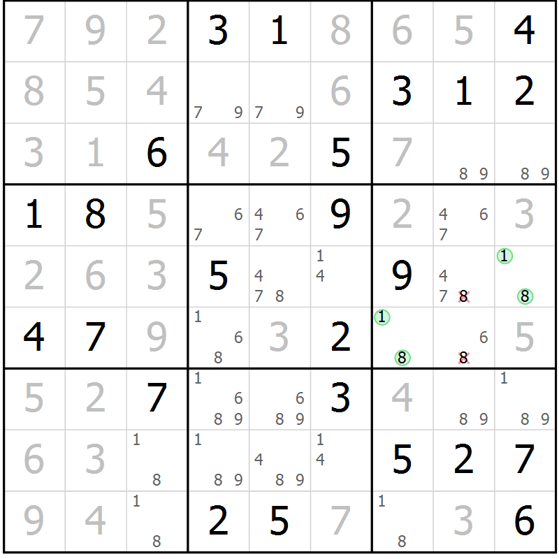 Position des candidats pour la solution de la Gr 74 page 77 du magazine de sudoku Giga sudoku niv 6-8 n° 016