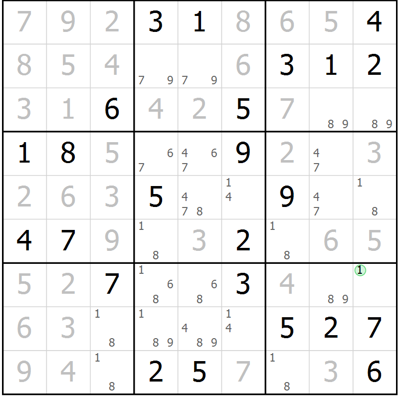 Position des candidats pour la solution de la Gr 74 page 77 du magazine de sudoku Giga sudoku niv 6-8 n° 016