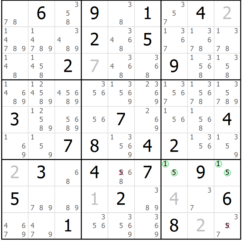 Position des candidats pour la solution de la Gr 75 page 78 du magazine de sudoku Giga sudoku niv 6-8 n° 016