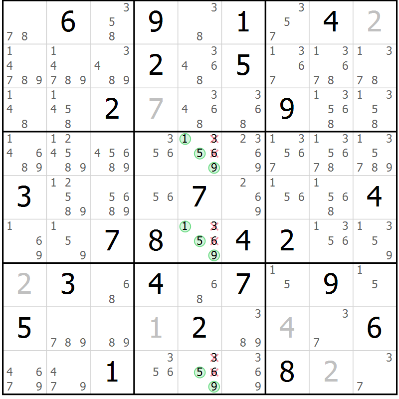 Position des candidats pour la solution de la Gr 75 page 78 du magazine de sudoku Giga sudoku niv 6-8 n° 016