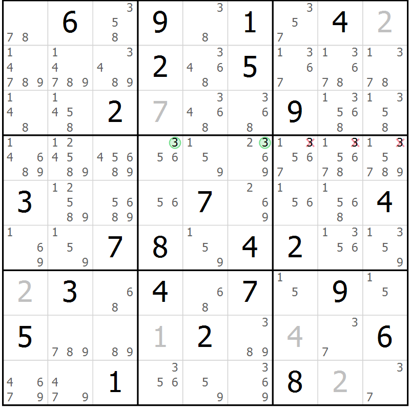 Position des candidats pour la solution de la Gr 75 page 78 du magazine de sudoku Giga sudoku niv 6-8 n° 016