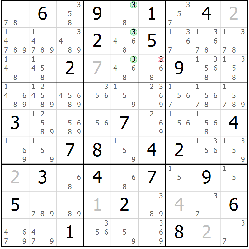 Position des candidats pour la solution de la Gr 75 page 78 du magazine de sudoku Giga sudoku niv 6-8 n° 016