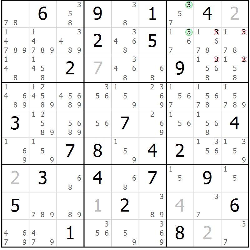 Position des candidats pour la solution de la Gr 75 page 78 du magazine de sudoku Giga sudoku niv 6-8 n° 016