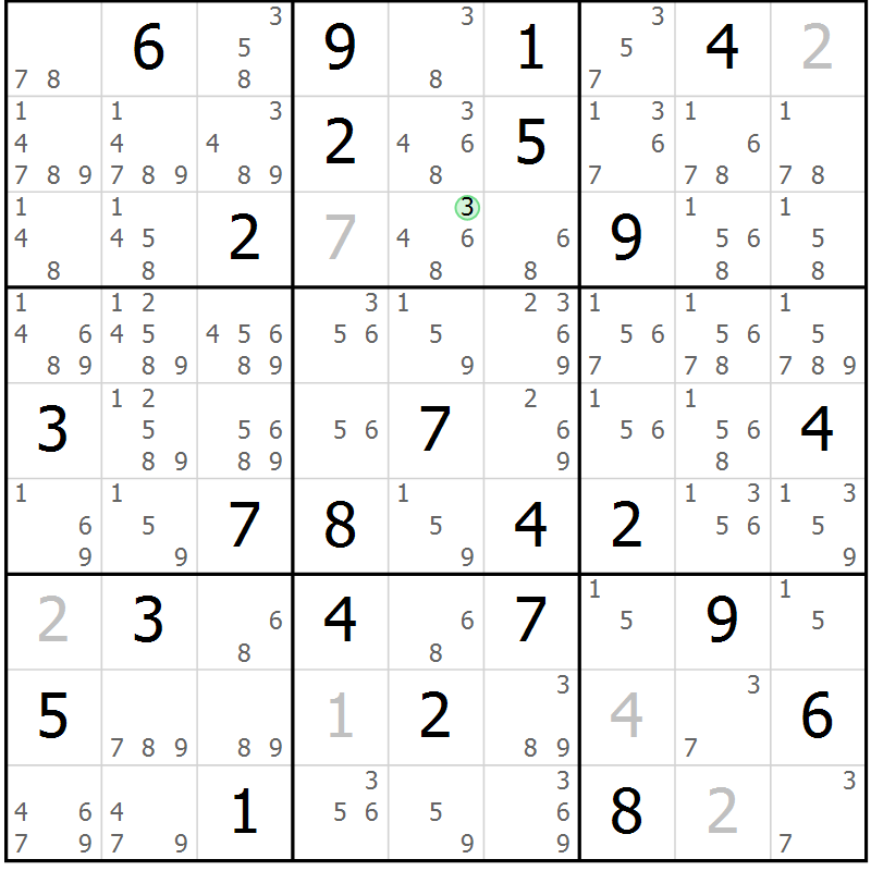 Position des candidats pour la solution de la Gr 75 page 78 du magazine de sudoku Giga sudoku niv 6-8 n° 016