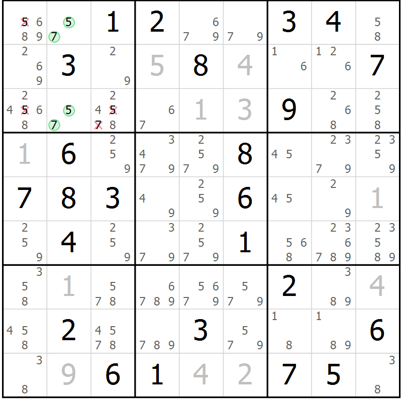 Position des candidats pour la solution de la Gr 77 page 80 du magazine de sudoku Giga sudoku niv 6-8 n° 016