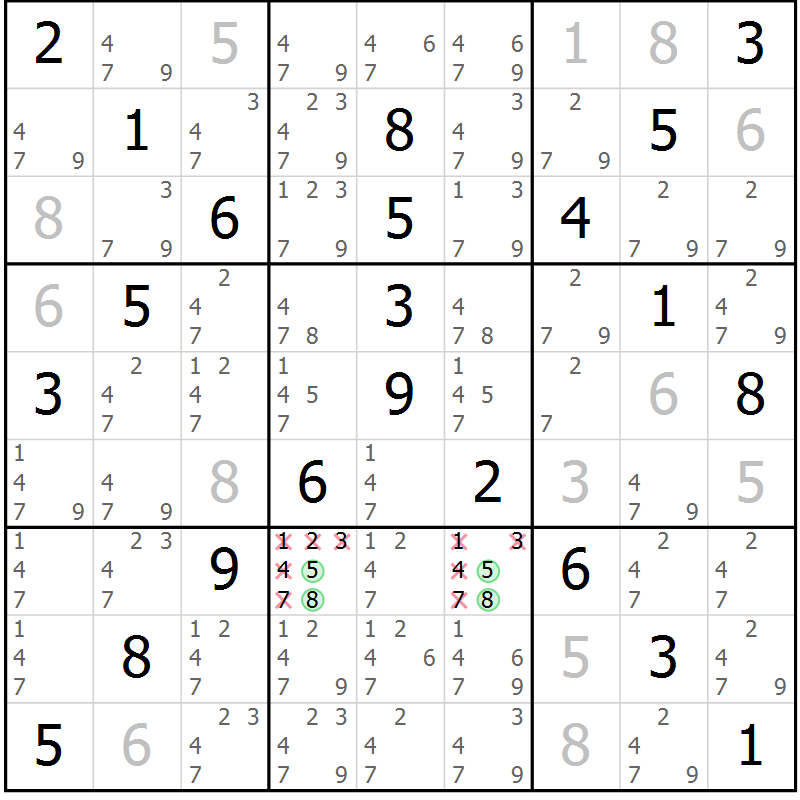 Position des candidats pour la solution de la Gr 8 page 11 du magazine de sudoku Giga sudoku niv 6-8 n° 016