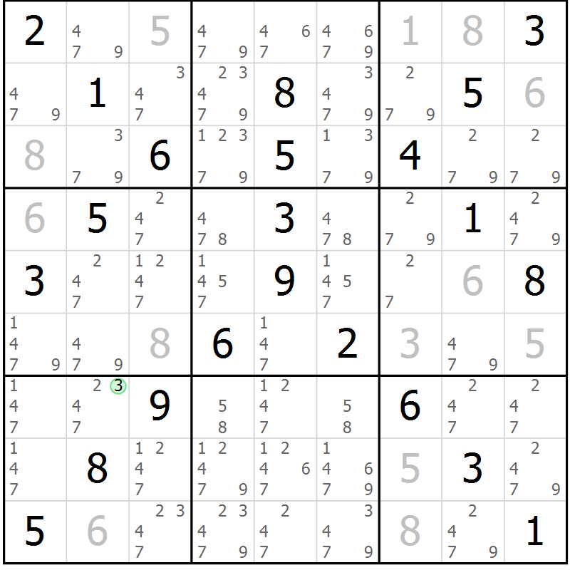Position des candidats pour la solution de la Gr 8 page 11 du magazine de sudoku Giga sudoku niv 6-8 n° 016