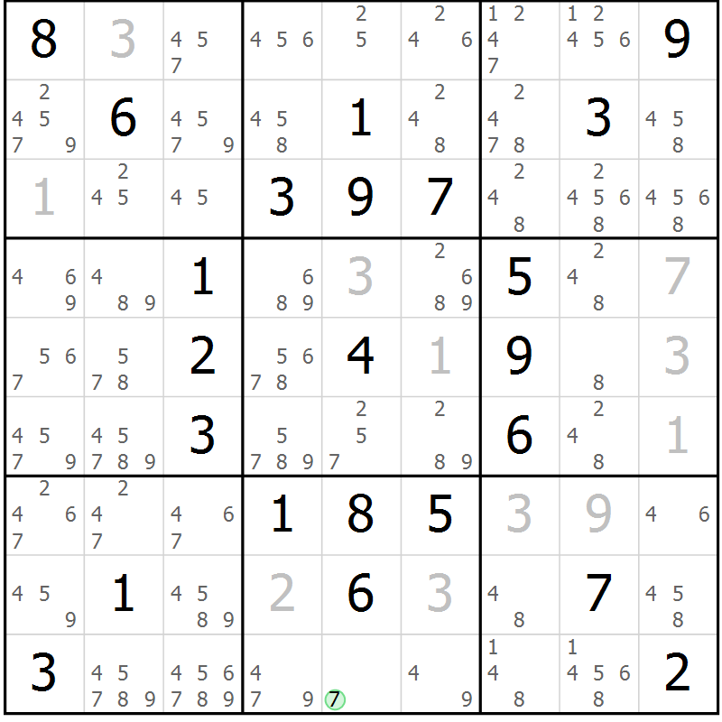 Position des candidats pour la solution de la Gr 81 page 84 du magazine de sudoku Giga sudoku niv 6-8 n° 016