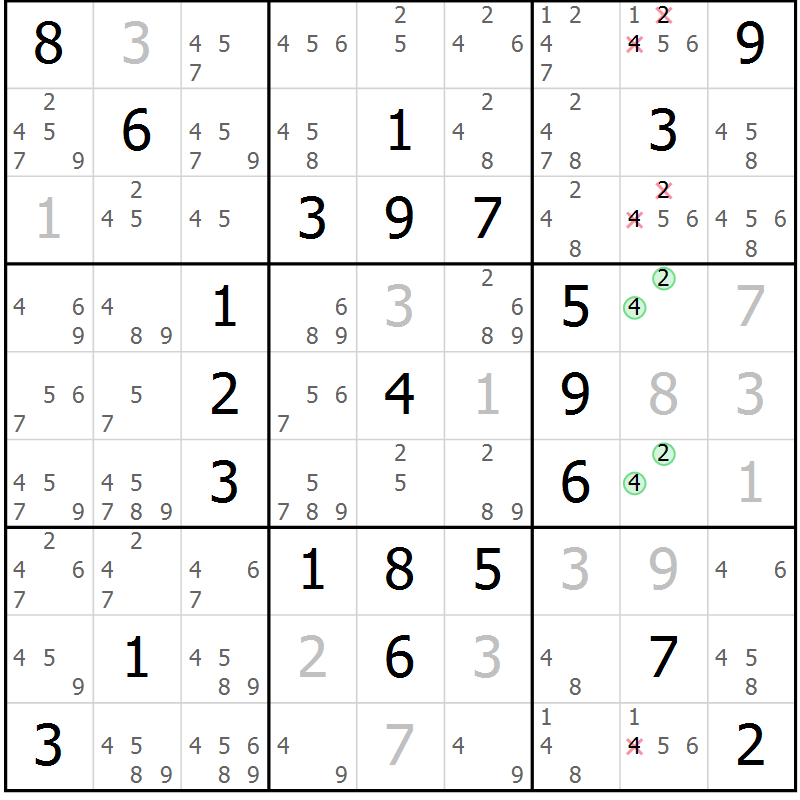 Position des candidats pour la solution de la Gr 81 page 84 du magazine de sudoku Giga sudoku niv 6-8 n° 016