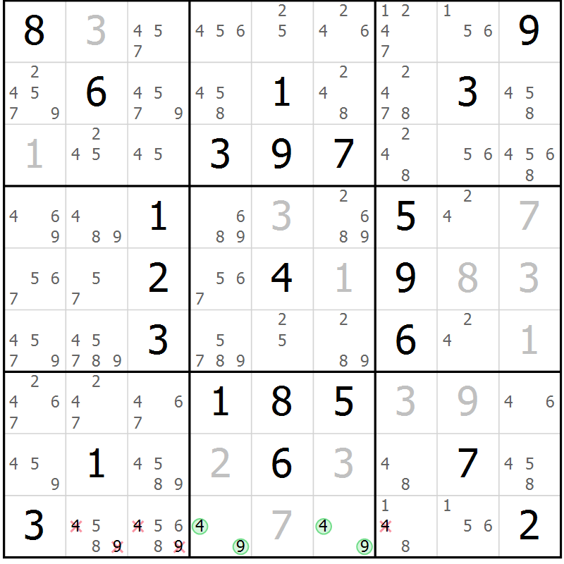 Position des candidats pour la solution de la Gr 81 page 84 du magazine de sudoku Giga sudoku niv 6-8 n° 016