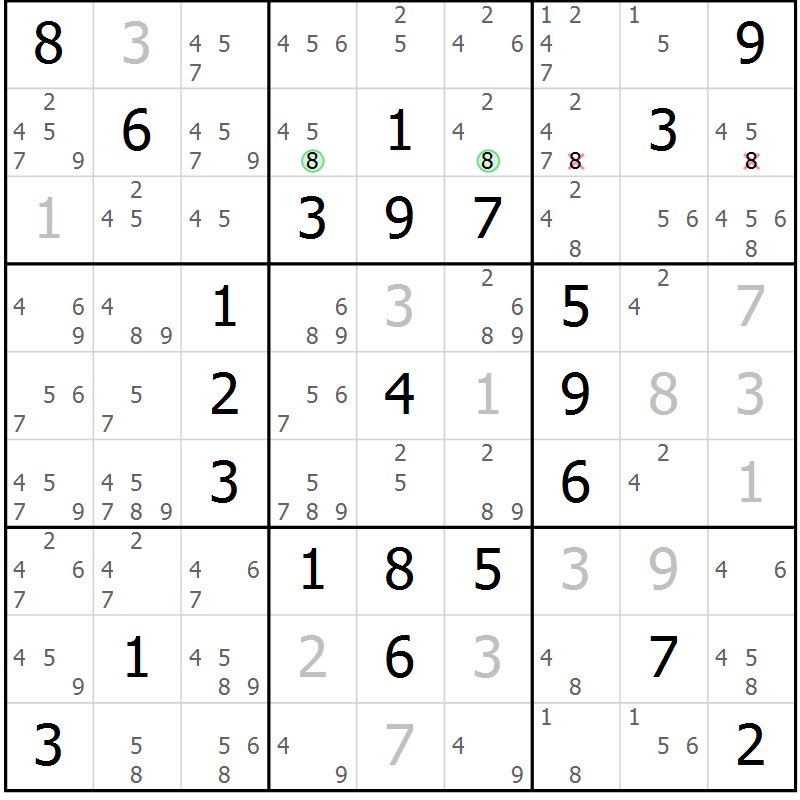 Position des candidats pour la solution de la Gr 81 page 84 du magazine de sudoku Giga sudoku niv 6-8 n° 016