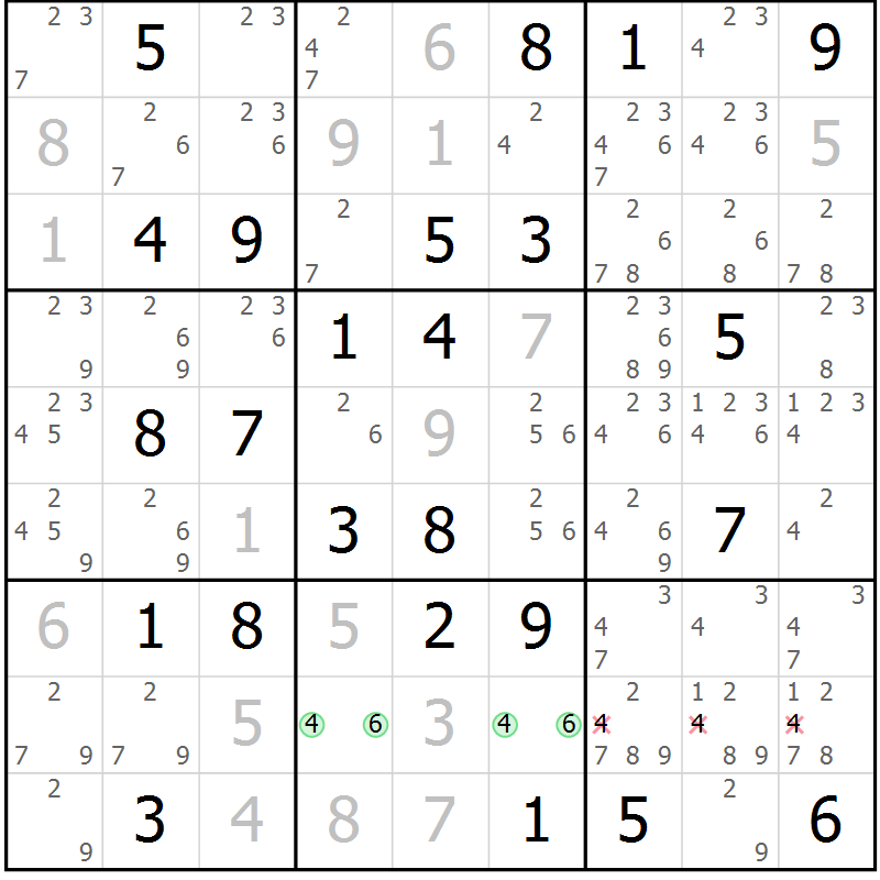 Position des candidats pour la solution de la Gr 82 page 85 du magazine de sudoku Giga sudoku niv 6-8 n° 016