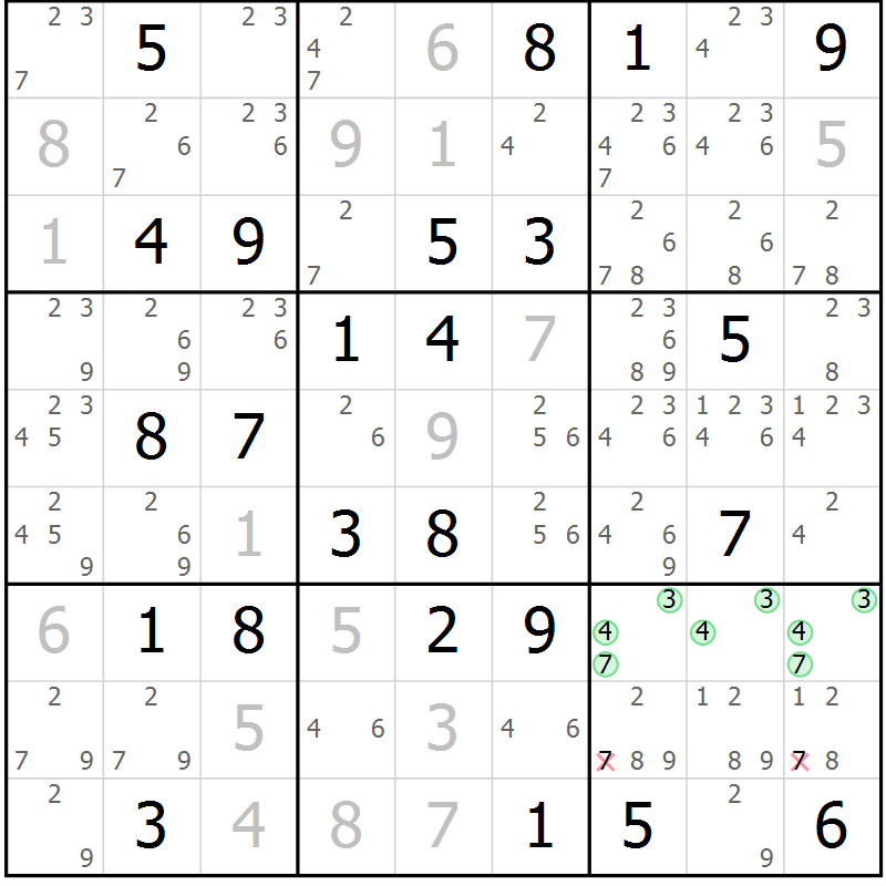 Position des candidats pour la solution de la Gr 82 page 85 du magazine de sudoku Giga sudoku niv 6-8 n° 016