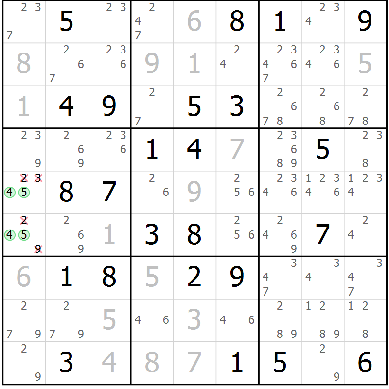 Position des candidats pour la solution de la Gr 82 page 85 du magazine de sudoku Giga sudoku niv 6-8 n° 016