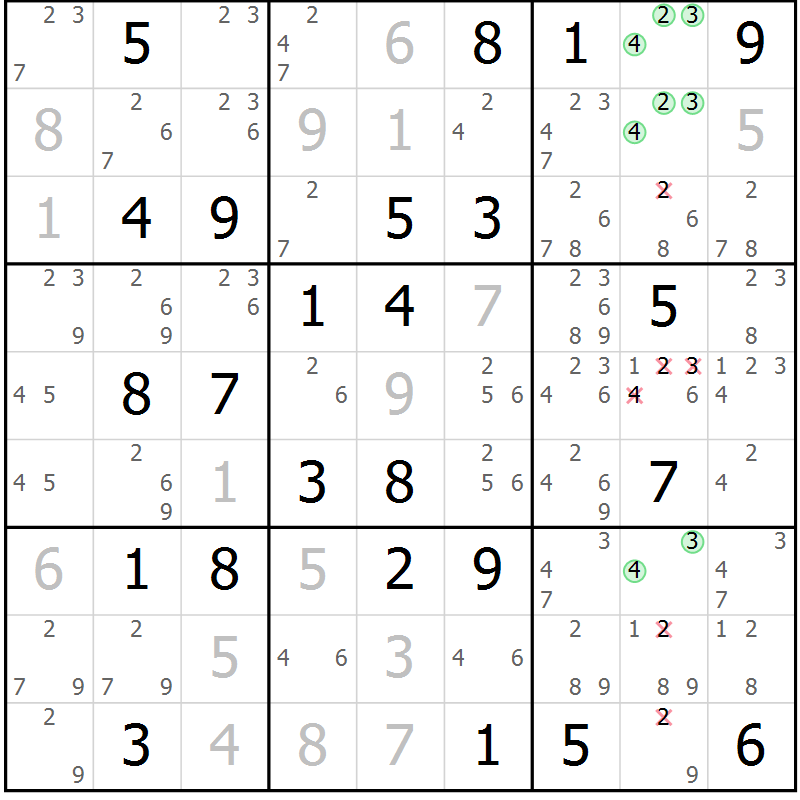 Position des candidats pour la solution de la Gr 82 page 85 du magazine de sudoku Giga sudoku niv 6-8 n° 016