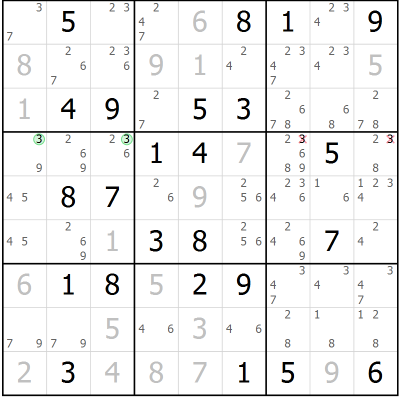 Position des candidats pour la solution de la Gr 82 page 85 du magazine de sudoku Giga sudoku niv 6-8 n° 016