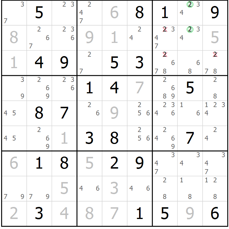 Position des candidats pour la solution de la Gr 82 page 85 du magazine de sudoku Giga sudoku niv 6-8 n° 016
