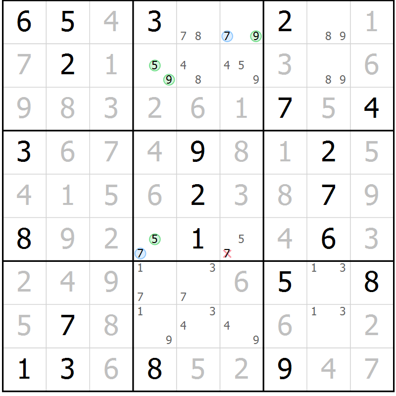 Position des candidats pour la solution de la Gr 84 page 87 du magazine de sudoku Giga sudoku niv 6-8 n° 016