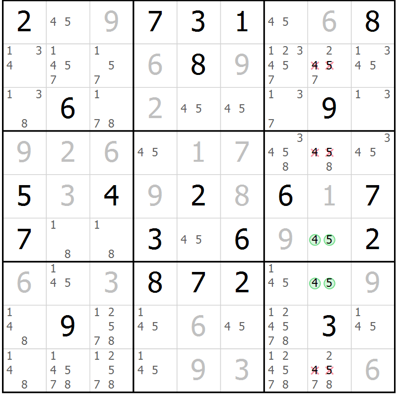 Position des candidats pour la solution de la Gr 85 page 88 du magazine de sudoku Giga sudoku niv 6-8 n° 016