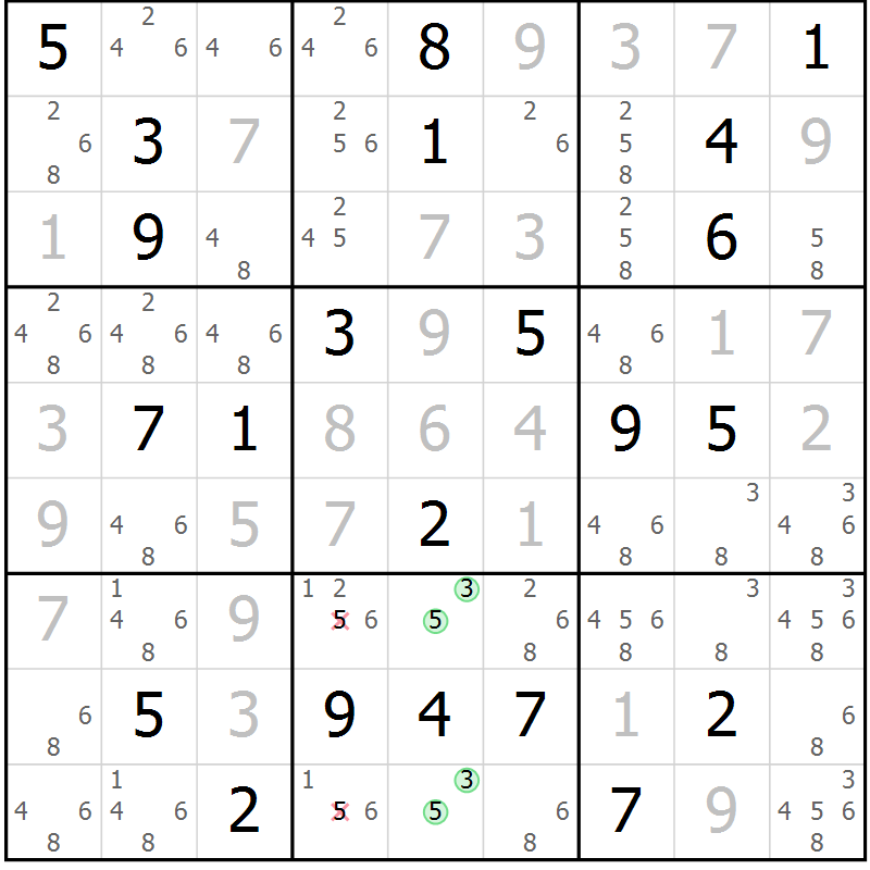 Position des candidats pour la solution de la Gr 87 page 90 du magazine de sudoku Giga sudoku niv 6-8 n° 016