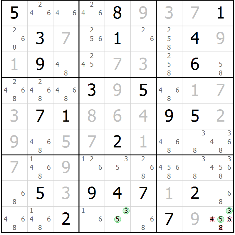 Position des candidats pour la solution de la Gr 87 page 90 du magazine de sudoku Giga sudoku niv 6-8 n° 016