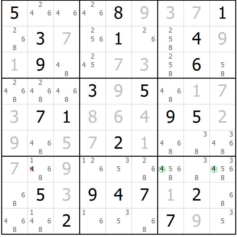 Position des candidats pour la solution de la Gr 87 page 90 du magazine de sudoku Giga sudoku niv 6-8 n° 016