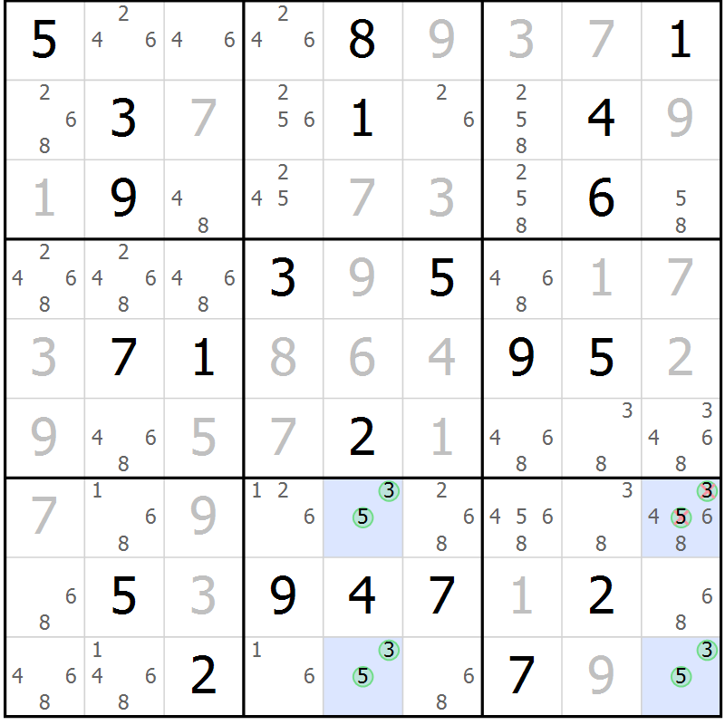 Position des candidats pour la solution de la Gr 87 page 90 du magazine de sudoku Giga sudoku niv 6-8 n° 016