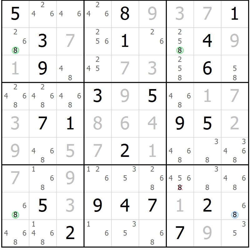 Position des candidats pour la solution de la Gr 87 page 90 du magazine de sudoku Giga sudoku niv 6-8 n° 016