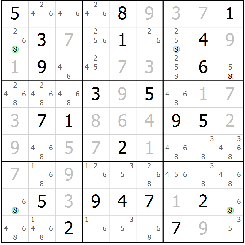 Position des candidats pour la solution de la Gr 87 page 90 du magazine de sudoku Giga sudoku niv 6-8 n° 016