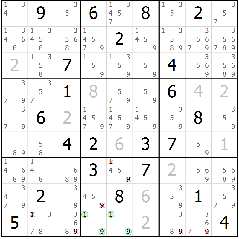 Position des candidats pour la solution de la Gr 88 page 91 du magazine de sudoku Giga sudoku niv 6-8 n° 016