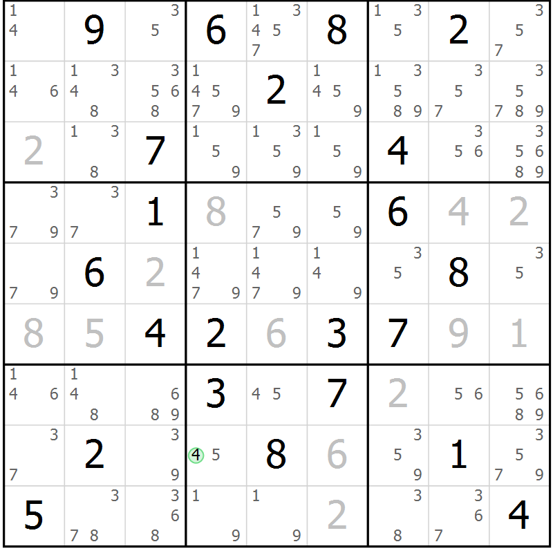 Position des candidats pour la solution de la Gr 88 page 91 du magazine de sudoku Giga sudoku niv 6-8 n° 016