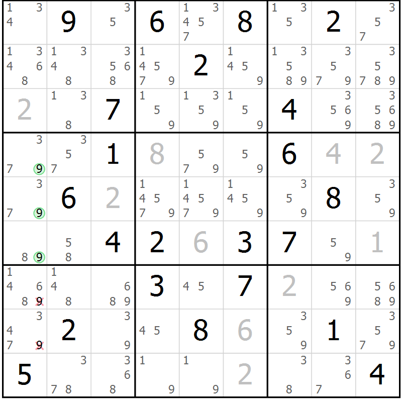 Position des candidats pour la solution de la Gr 88 page 91 du magazine de sudoku Giga sudoku niv 6-8 n° 016
