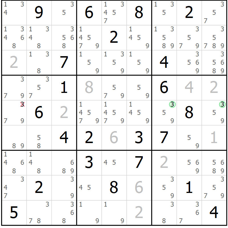 Position des candidats pour la solution de la Gr 88 page 91 du magazine de sudoku Giga sudoku niv 6-8 n° 016