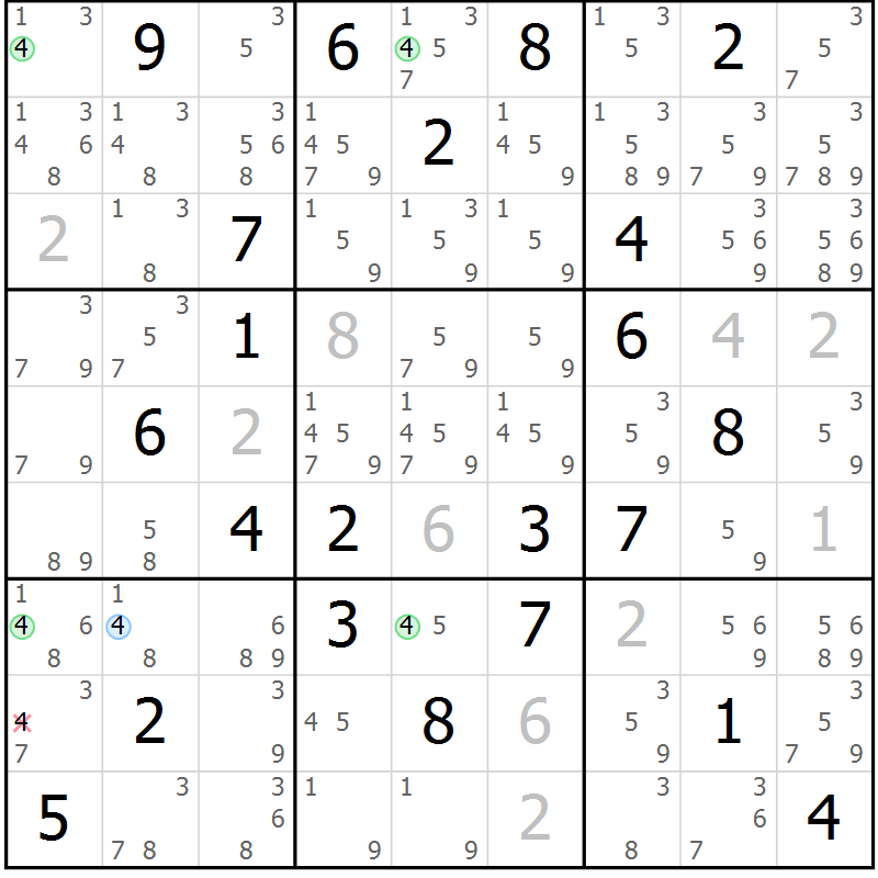 Position des candidats pour la solution de la Gr 88 page 91 du magazine de sudoku Giga sudoku niv 6-8 n° 016